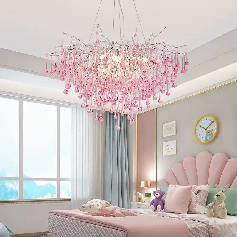 Kids pink crystal chandelier with delicate pink glass and teardrop crystals for bedroom decorbites kids pink lighting