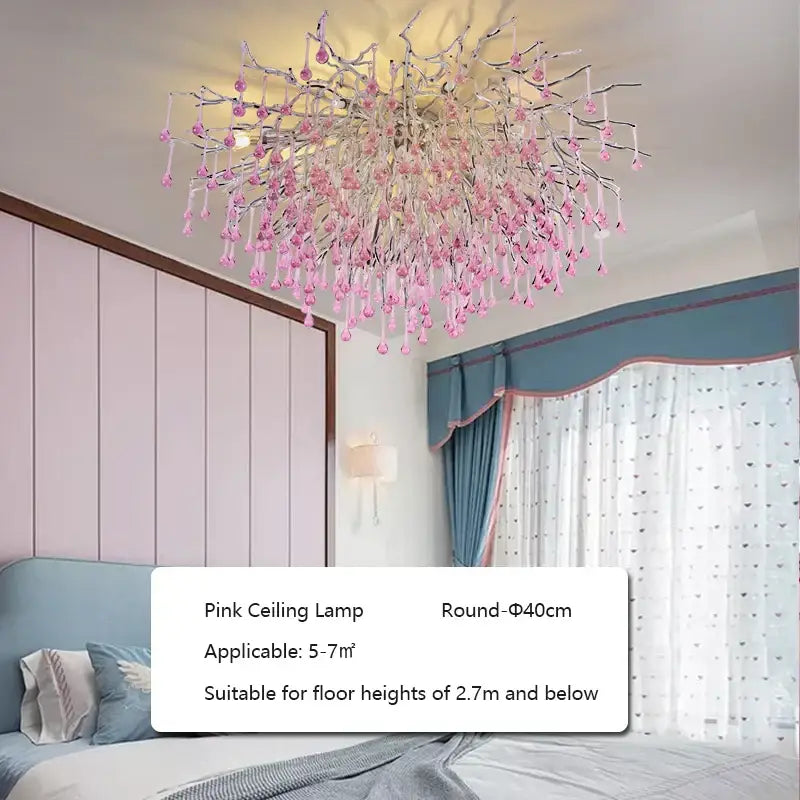 Elegant kids pink crystal chandelier with delicate tree branch design and dangling crystal droplets for bedroom decorbites kids pink decor