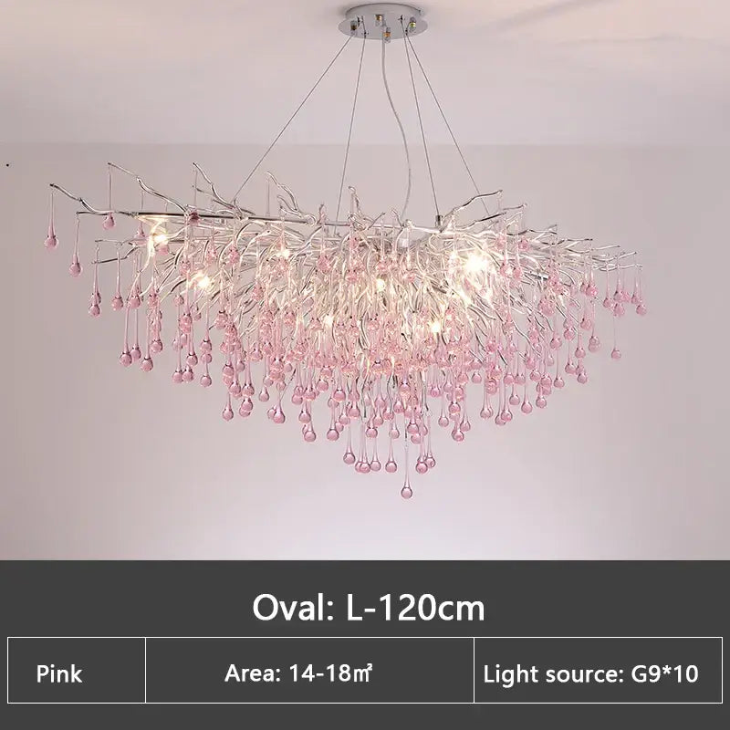 Delicate kids pink crystal chandelier with silver tree branch metal frame and teardrop crystals for bedroom decorbites kids pink