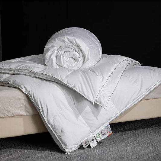 King size white quilted goose down and silk duvet set with plush texture and subtle stitching for master bedroom luxury