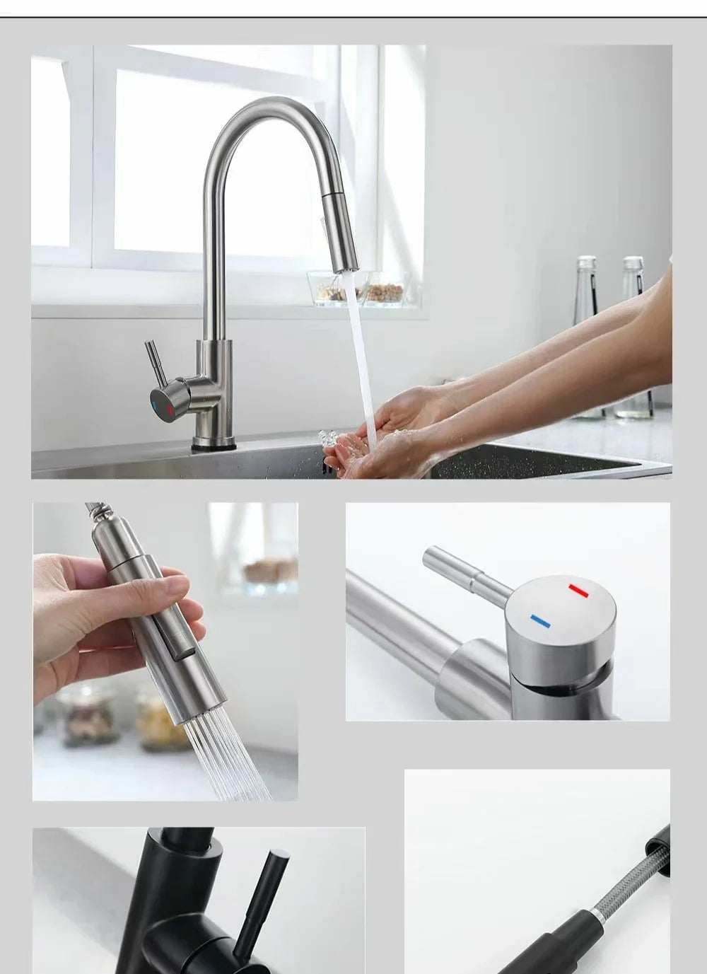 Modern stainless steel single hole kitchen faucet with a sleek curved spout and pull-out spray head in brushed nickel