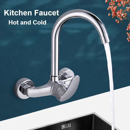 Shiny chrome kitchen hot and cold water mixing faucet with curved spout dual handles wall mounted design