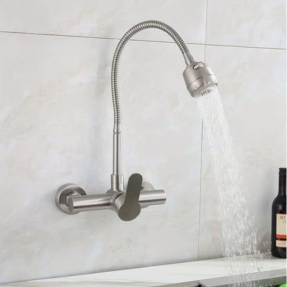 Stainless steel wall mounted kitchen faucet with single handle flexible gooseneck spout and pull out spray head