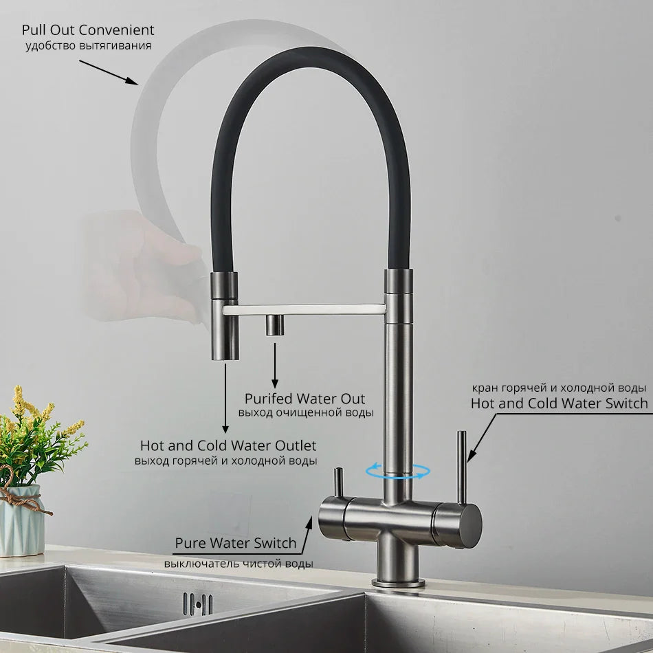 Modern stainless steel kitchen water filter faucet with single hole installation black flexible hose pull-out spray head