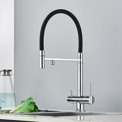 Modern chrome kitchen water filter faucet with flexible black hose dual handles and single hole installation for pure water