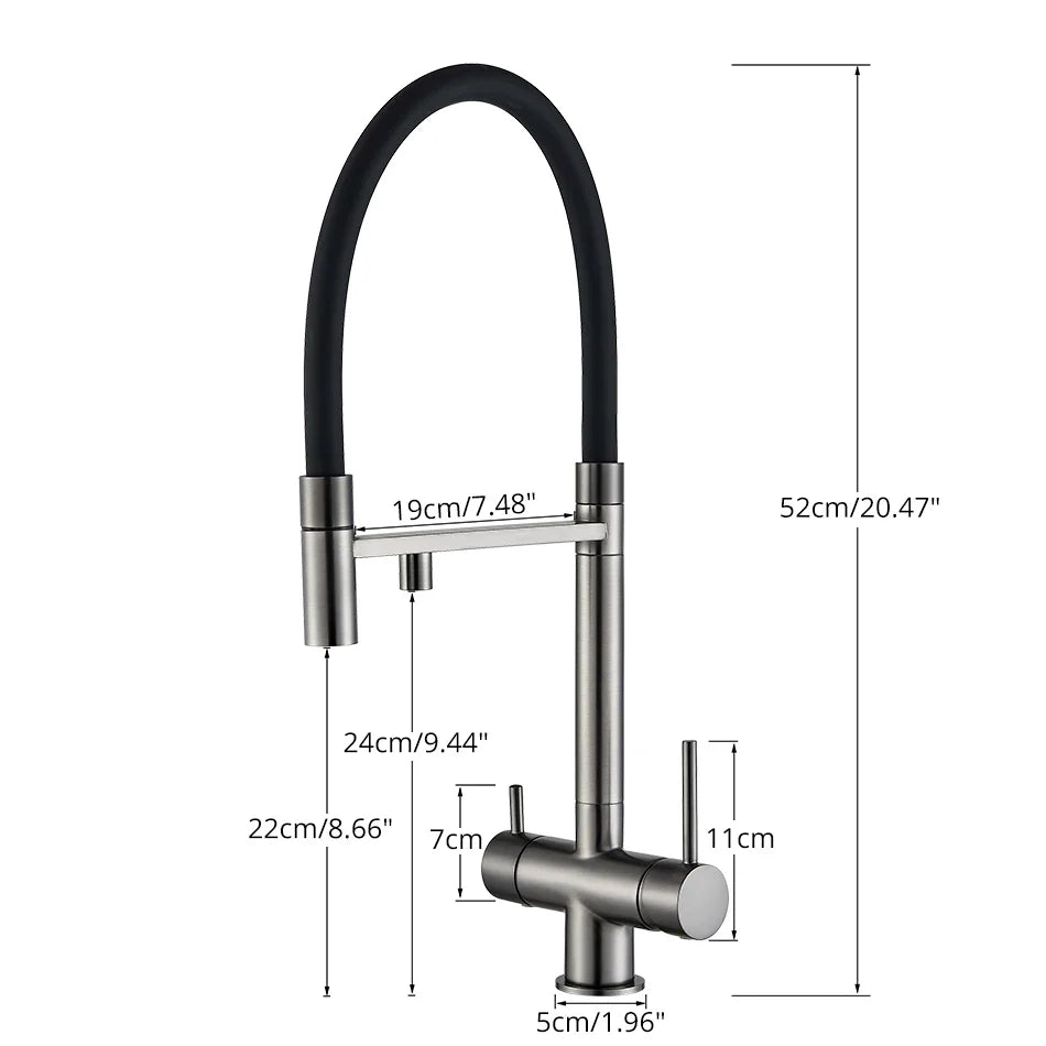 Modern brushed stainless steel kitchen water filter faucet with dual spout and flexible black rubber hose for single hole installation