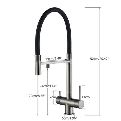 Modern brushed stainless steel kitchen water filter faucet with dual spout and flexible black rubber hose for single hole installation