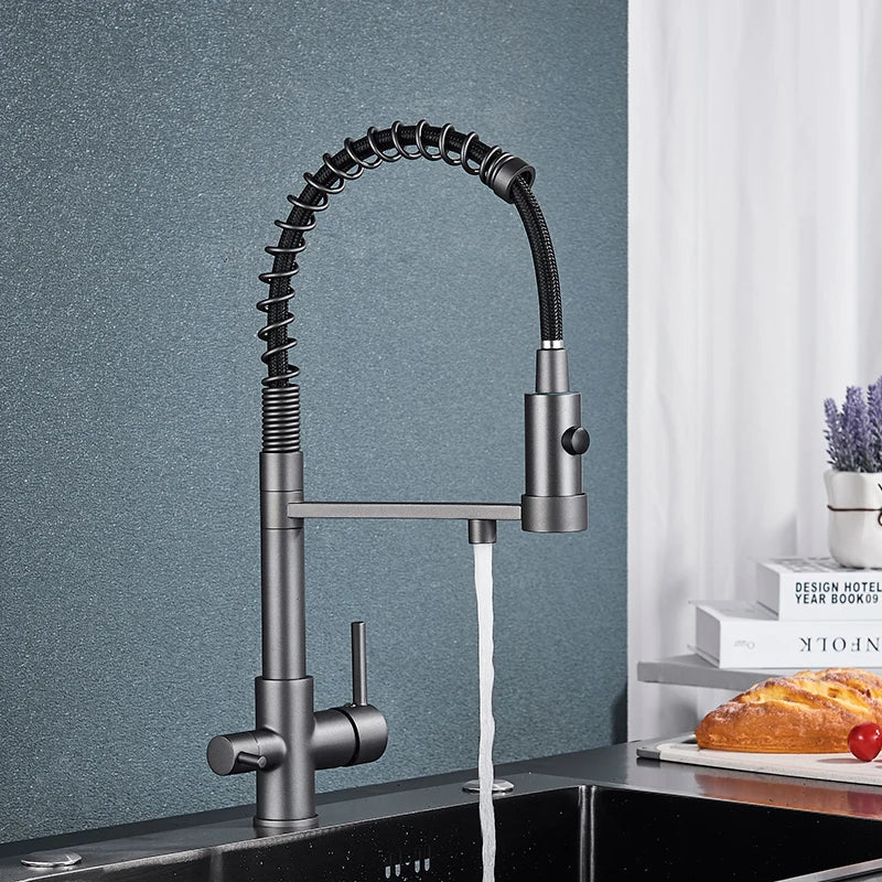 Modern matte black single hole kitchen water filter faucet with flexible coiled hose and pull-down spray head for purified water