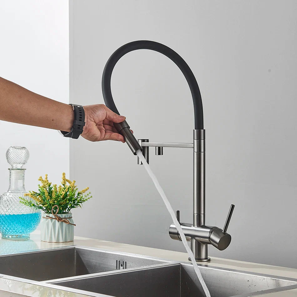 Modern black and brushed stainless steel single hole kitchen water filter faucet with dual spout and curved pull-out design