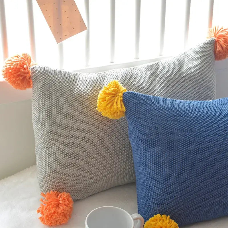 Gray and blue decorbites knit cushion cover set with colorful pom poms for living room decorbites knit cushion cover