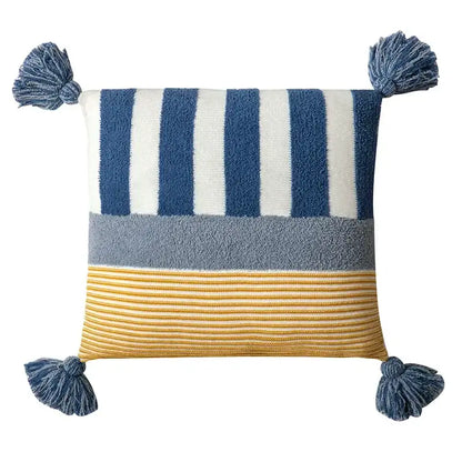Blue and white striped knit stripe pillow cover with gray band yellow stripes and four blue tassels for decorbites living room decor
