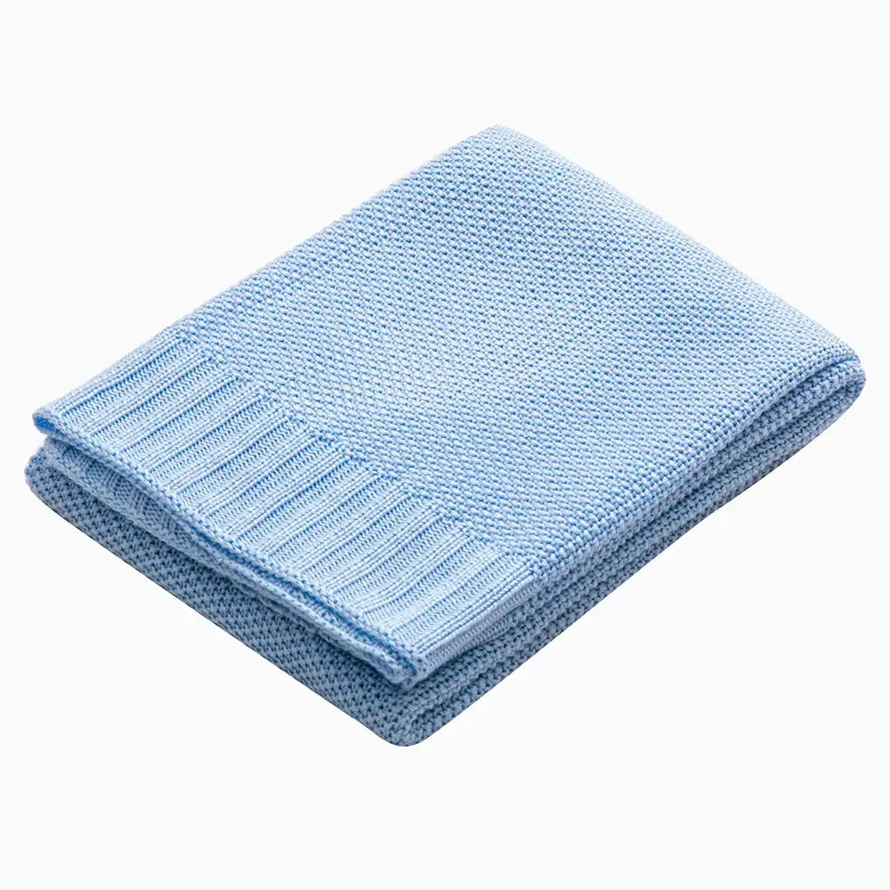 Knitted light blue bamboo baby blanket with textured weave and ribbed edge breathable nursery quilt baby blankets