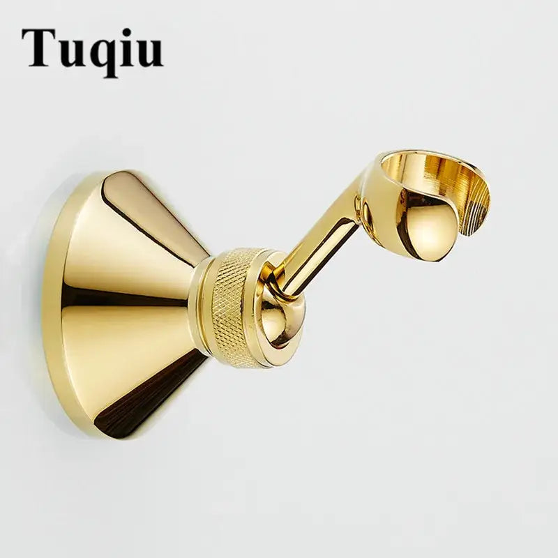 Gold-colored knurled brass shower head holder wall mount with polished finish and textured grip adjustment knob