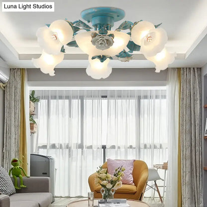 Decorbites™ korean garden flower frosted glass ceiling light with teal metal base for bedroom use