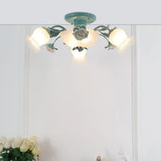 Teal floral ceiling light with frosted glass shades and painted metal arms for bedroom korean garden flower design