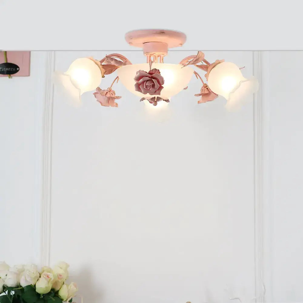 Decorbites™ korean garden flower ceiling light with pink rose theme frosted glass shades and metallic accents for bedroom