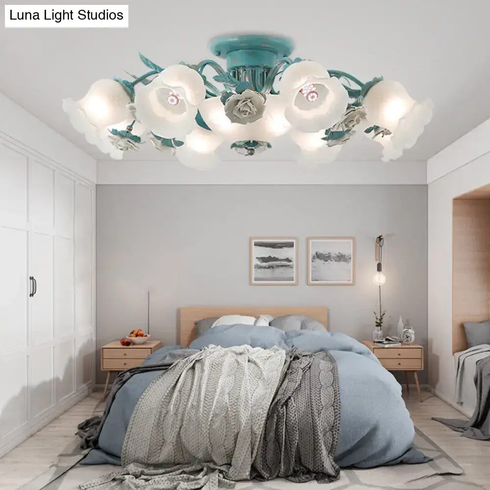 Teal and white glass petal ceiling light fixture from decorbites korean garden flower collection for bedroom use