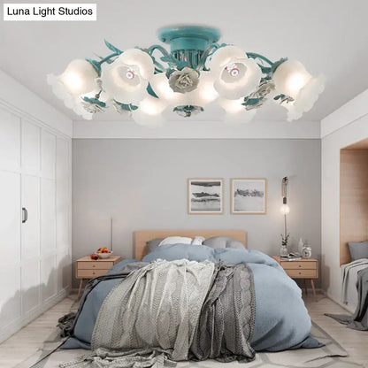 DecorBites™ korean garden flower ceiling light with teal and white petal-shaped frost glass shades for bedroom