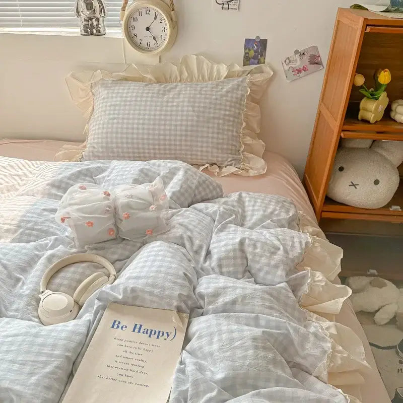 Light blue and white gingham bedding set with ruffled edges featuring decorbites korean grid lace design for bedroom use