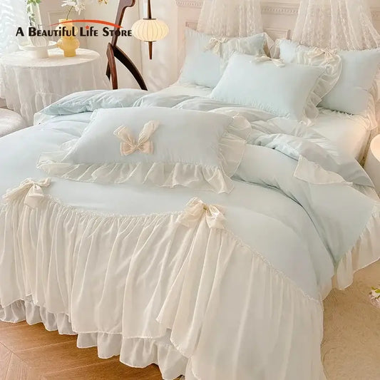 Pastel blue and cream ruffled bedding set with delicate lace trim and matching bows korean lace bow decorbites korean lace