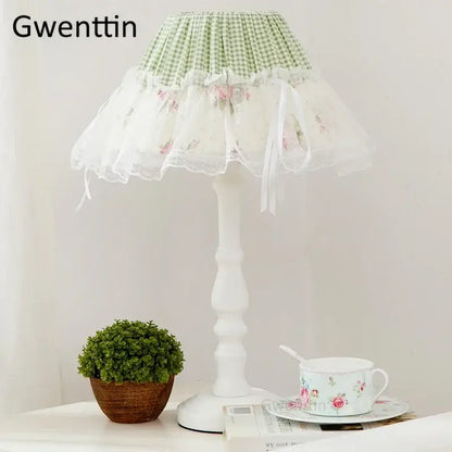 A decorbites korean lace princess white table lamp with a green and white gingham floral embroidered shade and lace ruffle