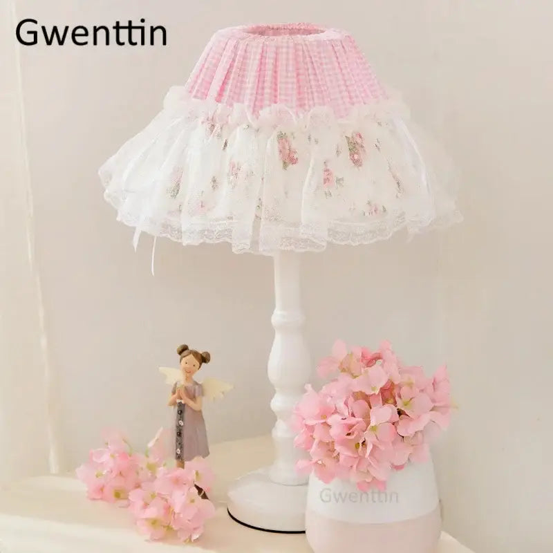 Pink and white floral lace ruffled tier table lamp decorbites korean lace princess for bedroom decor