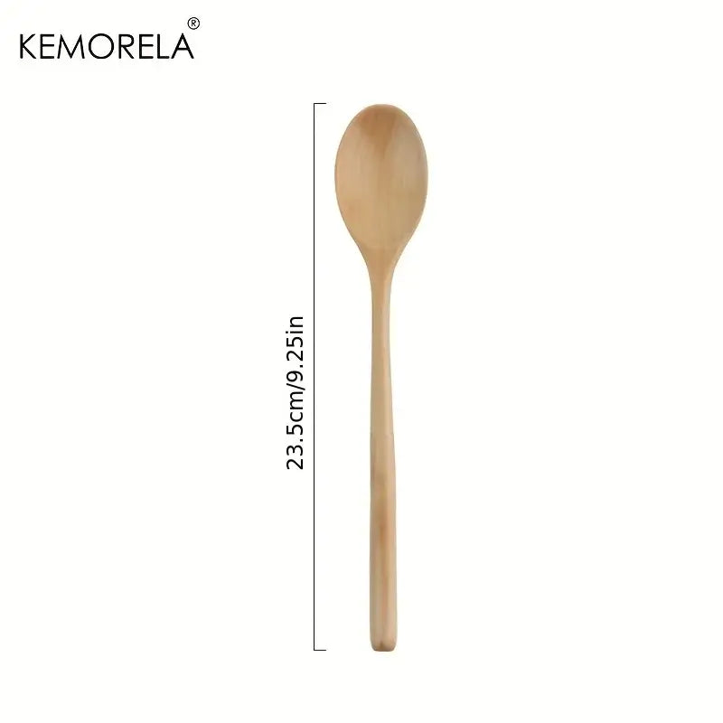 A smooth light-colored wooden spoon from a korean style natural and dark brown wooden spoon set for dining room use