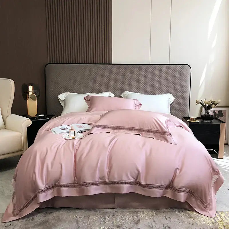 Pink satin duvet cover with delicate embroidered trim from lace trim eucalyptus lyocell luxury bedding set
