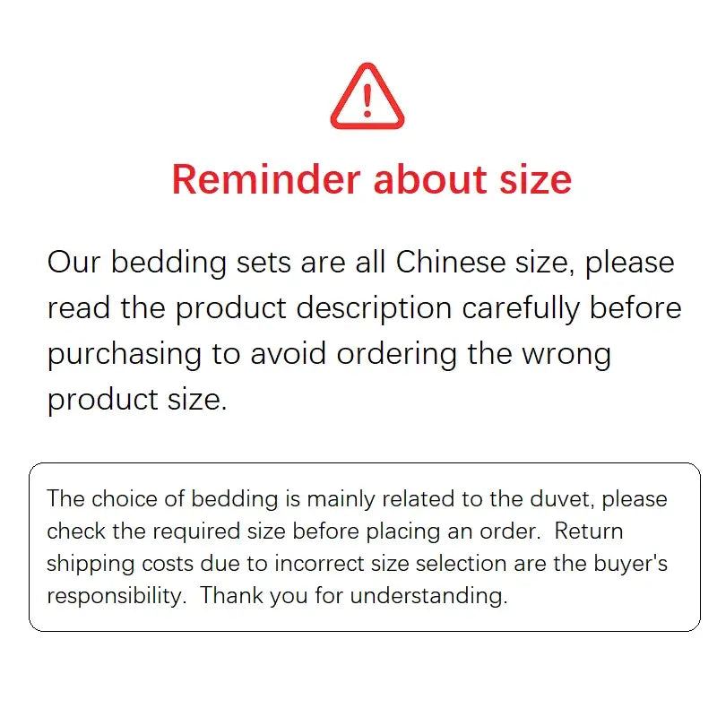 Red triangular warning symbol above bold red text reminder about size for eucalyptus lyocell luxury bedding set decorbites