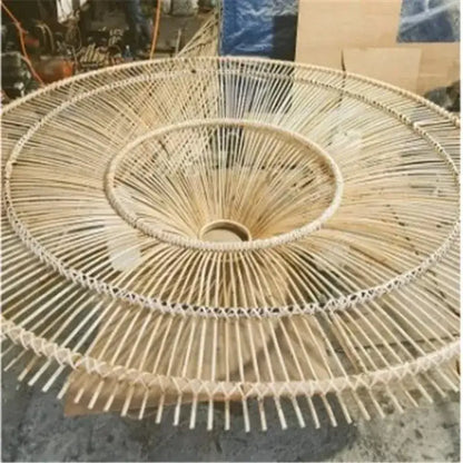 Large beige fan woven rattan pendant light with natural bamboo circular lampshade by decorbites handmade rattan