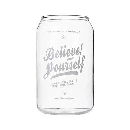 Large clear glass can shape beer glass cup with silver etched believe yourself text and metal straw for dining room