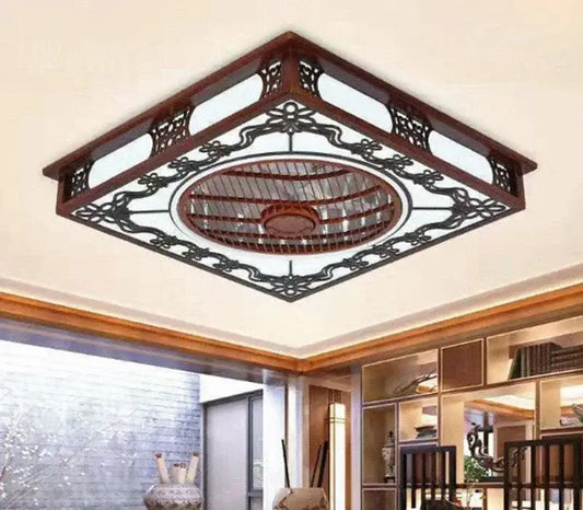 Square ceiling fan lamp with intricate dark wood and black metal lattice design and central circular fan blade assembly