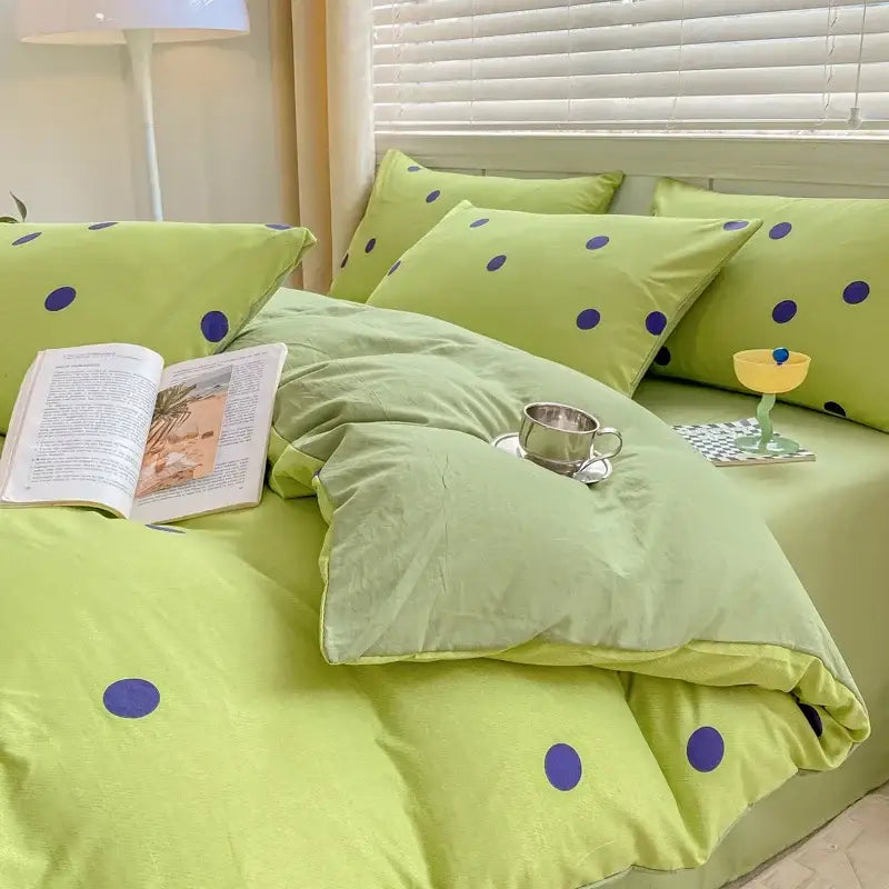 Lime green polka-dot cotton bedding set with navy blue dots featuring decorbites cozy pattern printed design