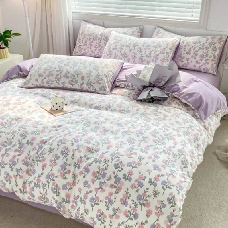 A soft lavender and pink floral cotton bedding set featuring a decorbites cozy pattern printed design