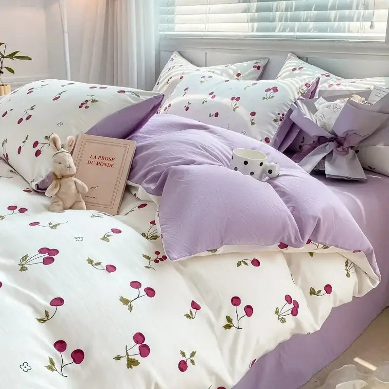 Lavender and white cherry-print cotton bedding set with soft textured fabric featuring decorbites cozy pattern printed