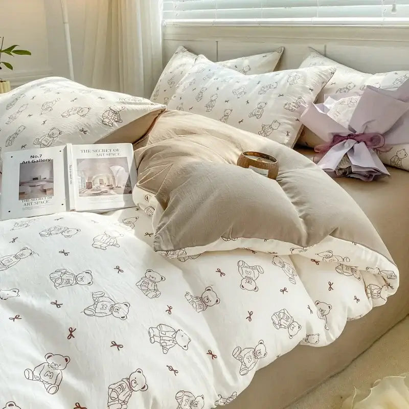 White duvet cover with small soft brown teddy bears and bows pattern in a lavender and pink floral double layer yarn bed sheet set