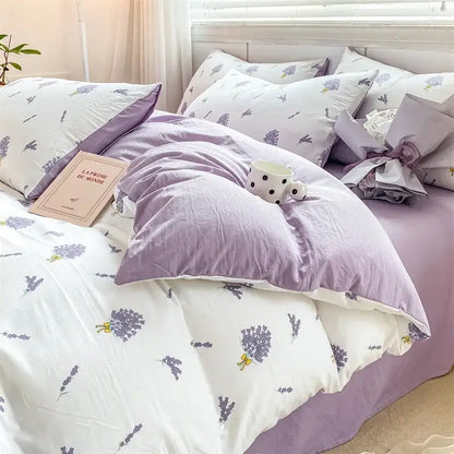Lavender and white floral bed sheet set with double layer yarn fabric featuring a soft, plush, layer yarn cozy texture