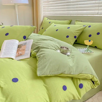 Lime green polka-dot duvet set with navy dots paired with lavender and pink floral double layer yarn bed sheet cozy design