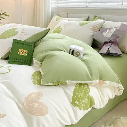 Soft mint green and cream double layer yarn bed sheet with leafy abstract patterns for a cozy bedroom setting