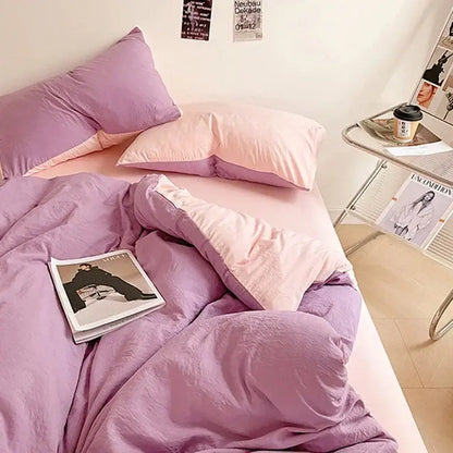 Cozy lavender and pink two-tone cotton bedding set with soft plush fabric for a comfortable bedroom duvet sheets