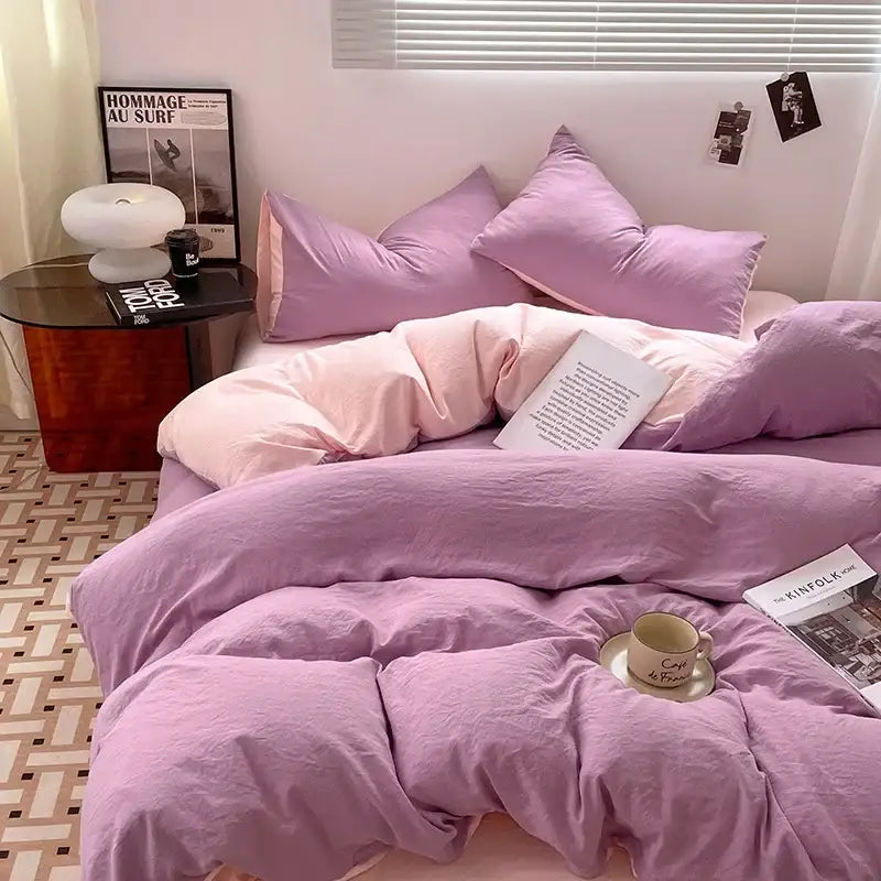 Lavender and black cotton bedding set with purple duvet cover set featuring matching pillows and soft textured fabric finish
