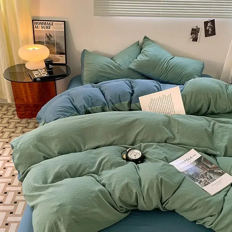 Soft teal-colored quilted duvet set with cozy textured fabric finish in lavender and black cotton bedding set