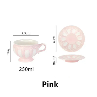Pink ceramic teacup with floral relief and matching saucer 250ml from decorbites elegant porcelain tea set