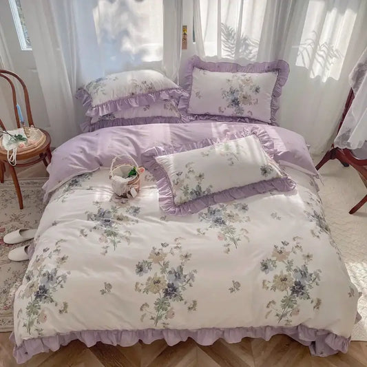 Lavender floral ruffled bedding set with soft pastel hues and delicate embroidery featuring decorbites gardenia print princess design