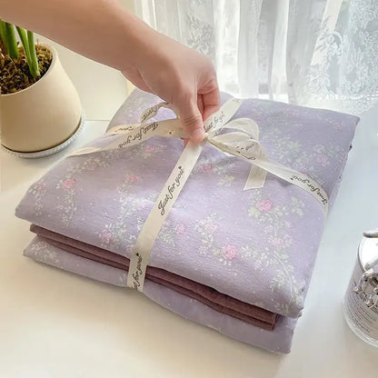 Lavender floral patterned cotton bedding set tied with cream ribbon just for you textured cotton bedding