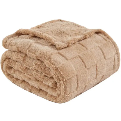 Beige plush cozy fluffy blanket with quilted diamond pattern soft texture perfect for living room decorbites cozy throw