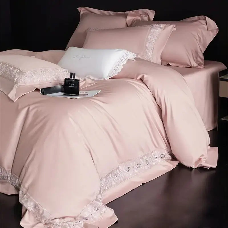Pink satin bedding set with delicate white lace embroidery trim featuring decorbites 1200tc egyptian luxe quality