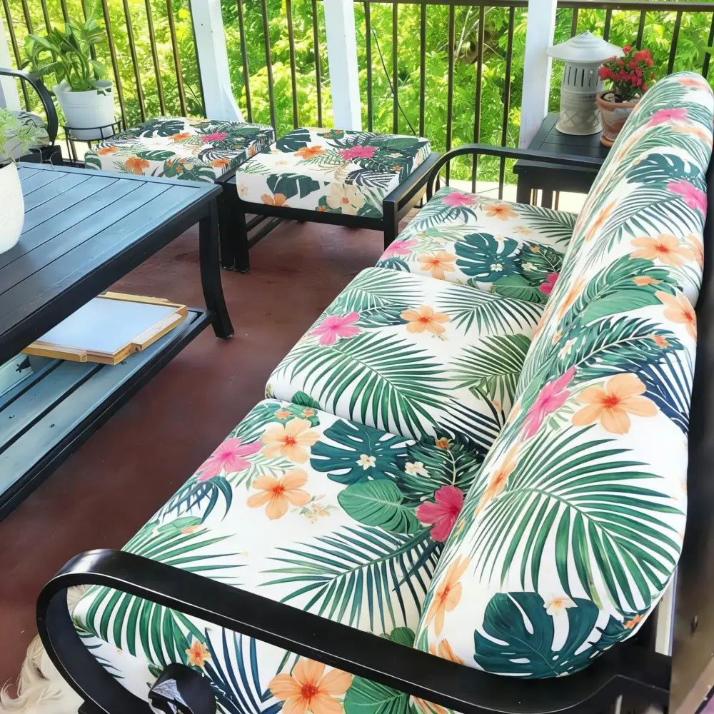 Tropical leaf and flower patterned brushed knit outdoor sofa cushion cover with black metal frame for patio decor