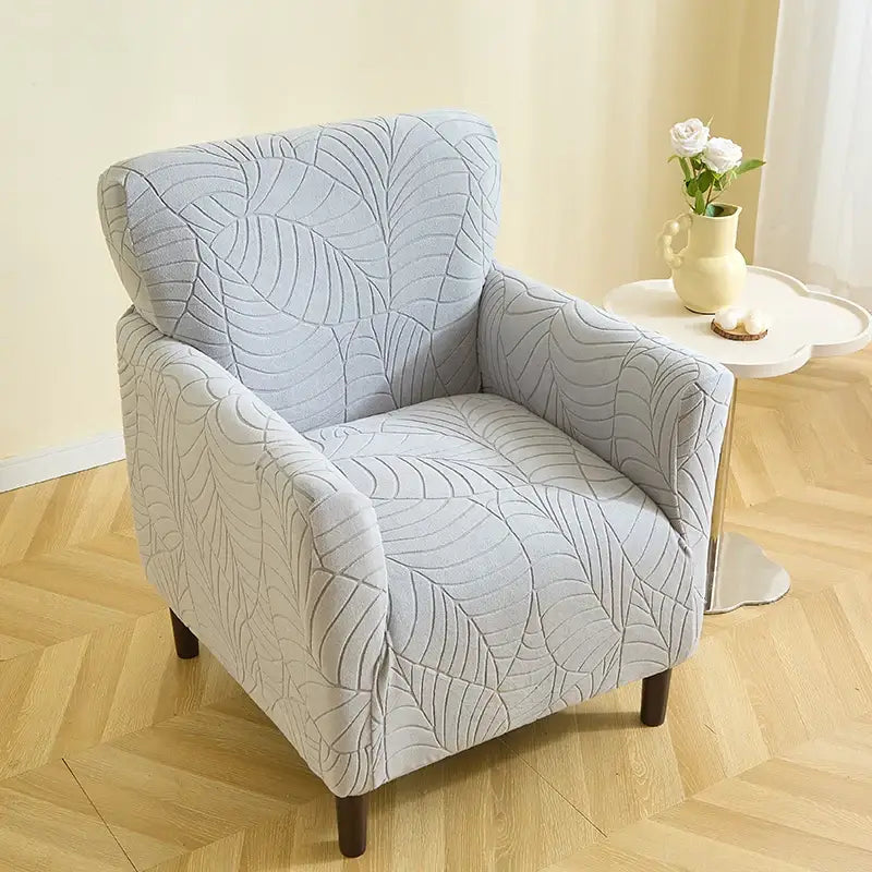 Light gray leaf pattern jacquard elastic fabric armchair cover with soft textured surface for dining room chairs