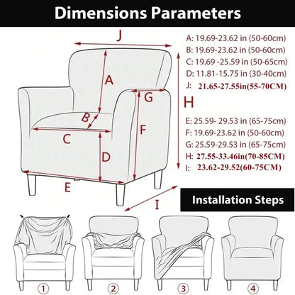 White stretchy leaf pattern jacquard elastic fabric armchair cover with labeled dimensions and installation steps for dining room use